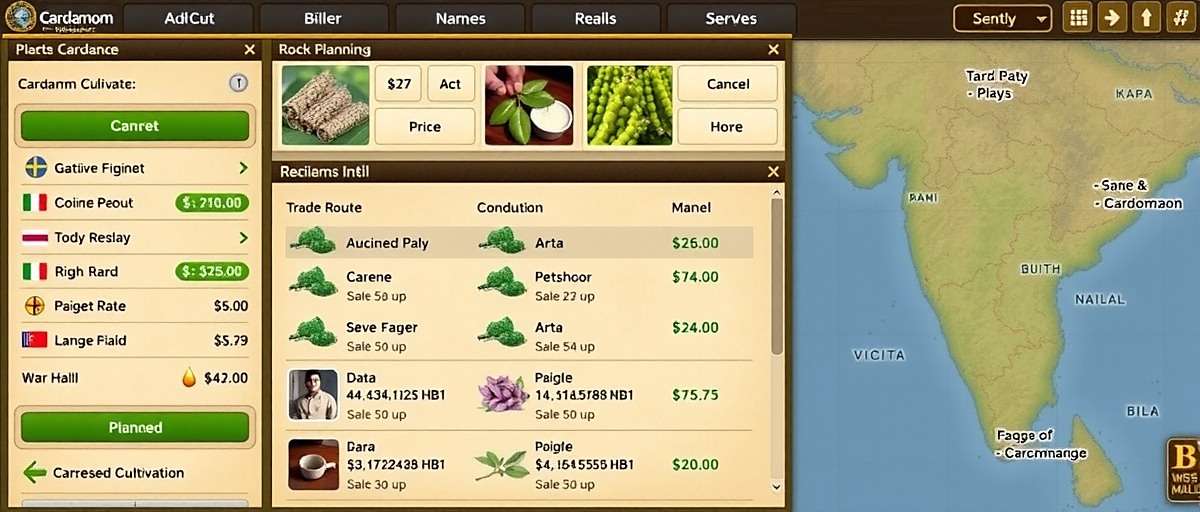 Cardamom Chronicles India - Gameplay Interface Cardamom Chronicles India gameplay interface showing cardamom cultivation, market prices, and trade route planning