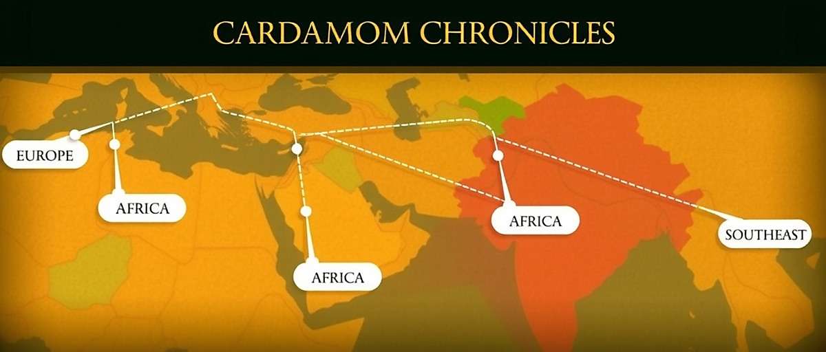 Cardamom Chronicles India - Future Expansion Teaser image for upcoming Cardamom Chronicles India expansion showing international trade routes extending from India to Europe, Africa, and Southeast Asia