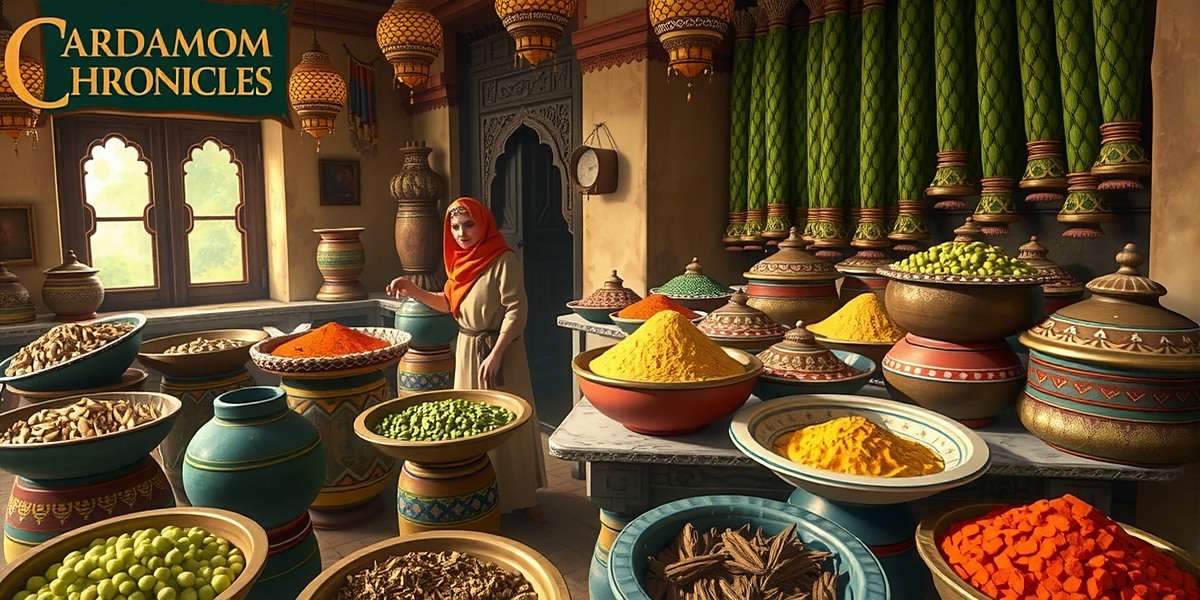 Cardamom Chronicles India - Ancient Spice Trading Game Cardamom Chronicles India gameplay showing ancient Indian spice merchants in a marketplace filled with cardamom and other spices