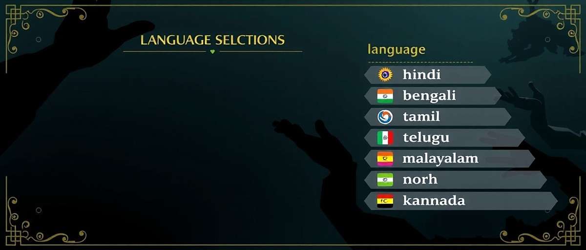 Cardamom Chronicles India - Language Localization Cardamom Chronicles India language selection screen showing various Indian language options including Hindi, Bengali, Tamil, Telugu, Malayalam, and Kannada